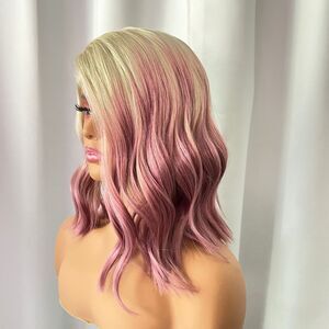 Pink blonde wig synthetic lace front wavy Short Ombre